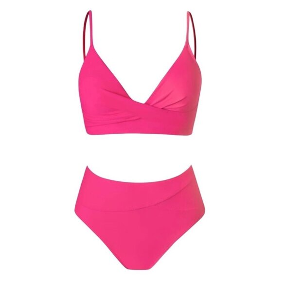 Cupshe Women 2 Piece Swimsuit Large Hot Pink V-Neck Twist Front High Waist Cheek - Picture 4 of 9